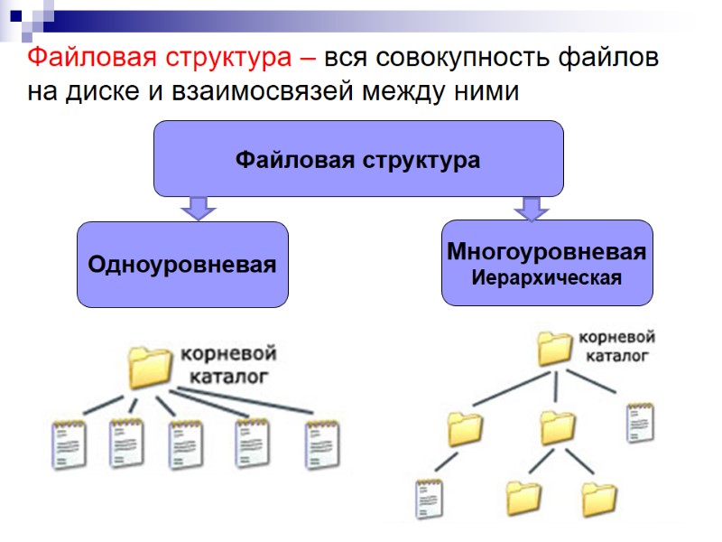 Файловая структура – вся совокупность файлов на диске и взаимосвязей между ними Файловая структура – вся совокупность файлов на диске и взаимосвязей между ними